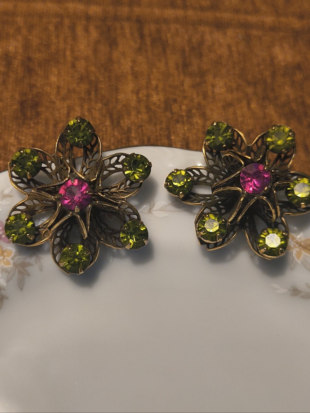Vtg MCM Gold Flower Filigree Designer Clip on Earrings Pink Green Rhinestones